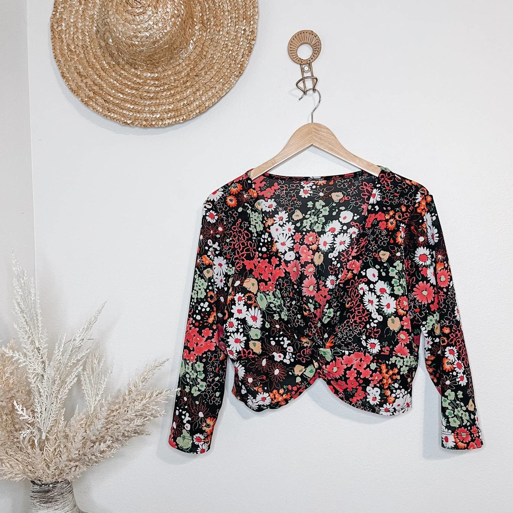 Y2K Inspired Neon Floral Black Tie Front Crop Top Micro Cardigan Size Medium